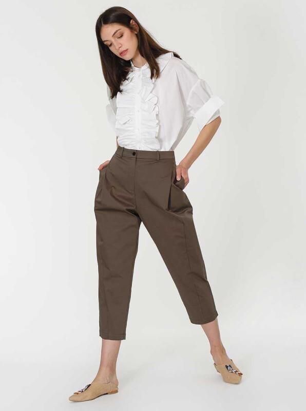 Kısa Paça Cepli Pantolon Haki - 1