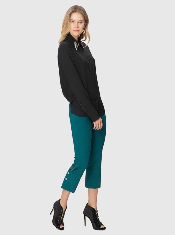  Kısa Paça DüğmeDetaylı Kadın Pantolon Yeşil - 4