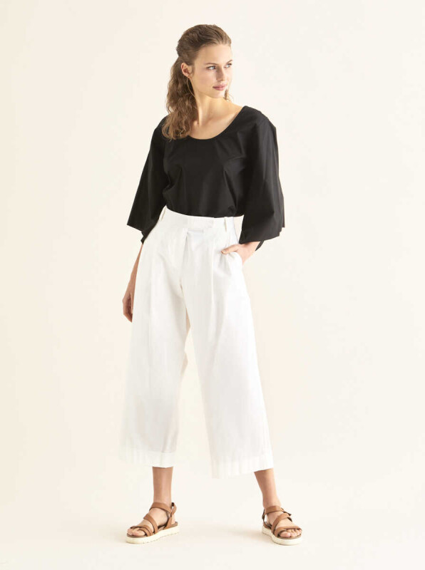 Kısa Ve Geniş Paça Pantolon Krem - 1