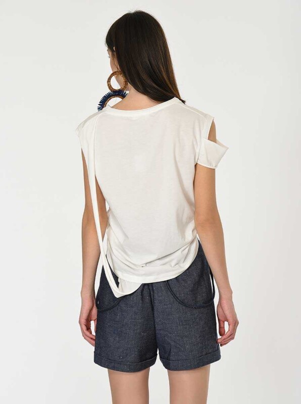 Kol Detaylı Kadın T-Shirt Ekru - 2