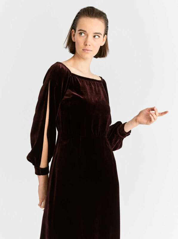  Kol Detaylı Uzun Elbise Bordo - 3