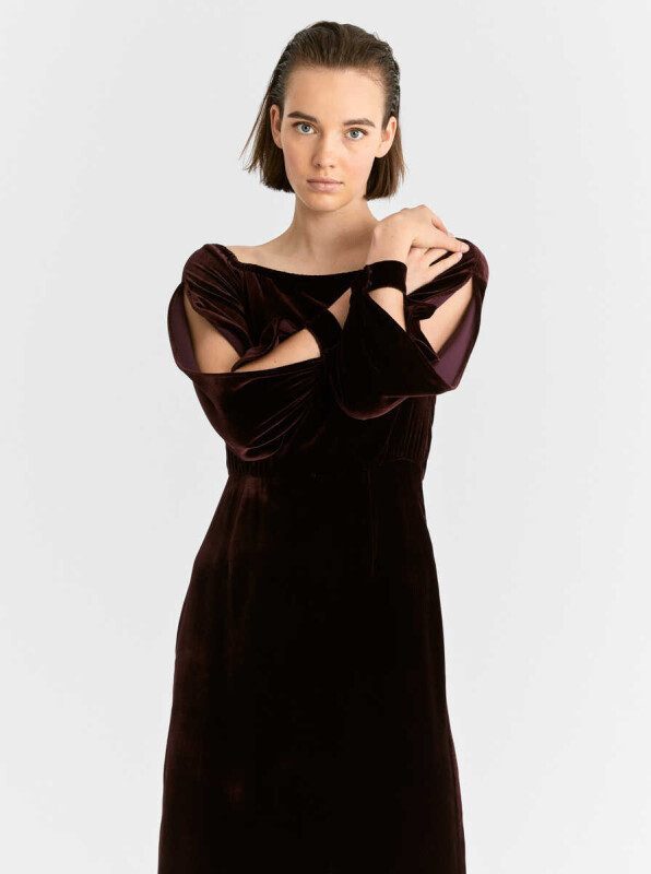  Kol Detaylı Uzun Elbise Bordo - 4