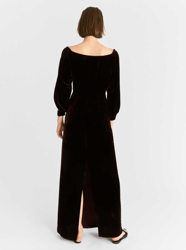  Kol Detaylı Uzun Elbise Bordo - 2