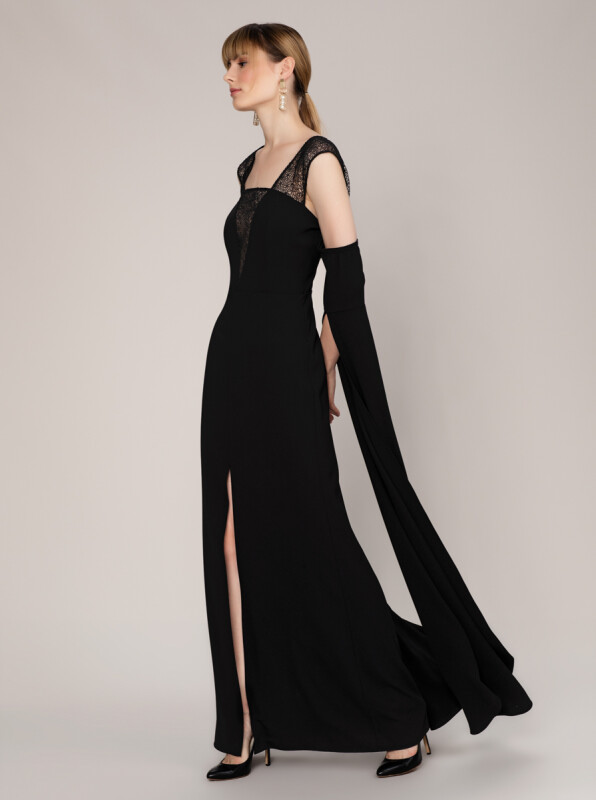  Kol Ve Dantel Detaylı Nişan Elbisesi Siyah Siyah