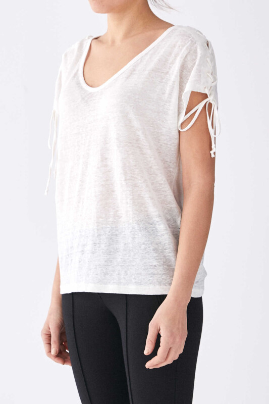 Kolları Bağcık Detaylı T-Shirt Ekru - 3