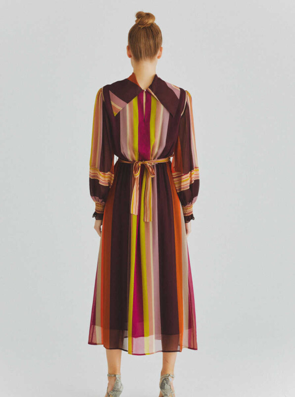  Kolları Lastikli Kuşaklı Renkli Uzun Elbise Standart Renk - 2