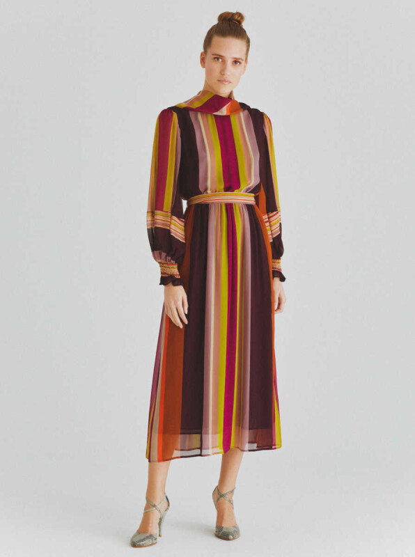  Kolları Lastikli Kuşaklı Renkli Uzun Elbise Standart Renk - 1