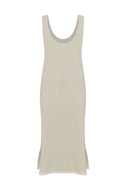 Krem Triko Günlük Elbise Naturel - 5