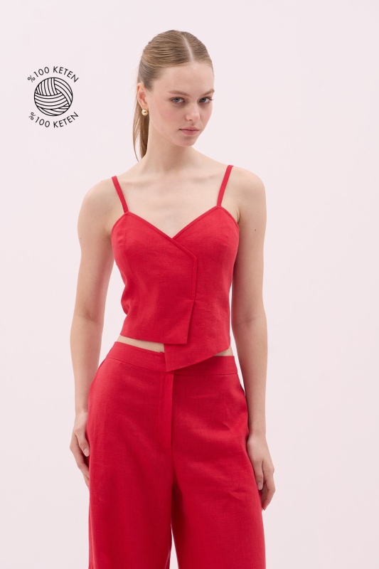 Kruvaze Askılı Keten Yelek Kırmızı 
