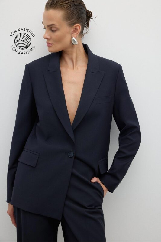 Yün Kruvaze Ceket Lacivert - 1
