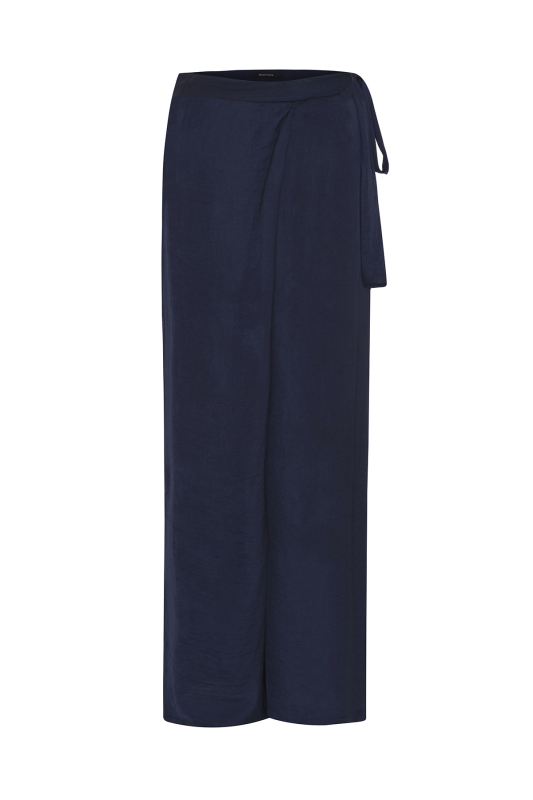 Kruvaze Görünümlü Bağlama Detaylı Geniş Paça Pantolon Lacivert - 5