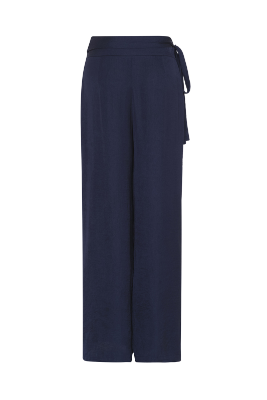 Kruvaze Görünümlü Bağlama Detaylı Geniş Paça Pantolon Lacivert - 6