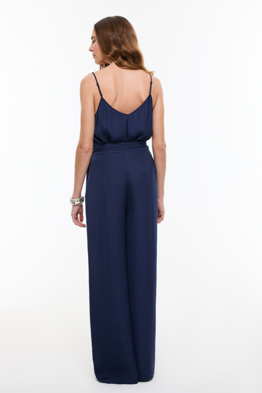 Kruvaze Görünümlü Bağlama Detaylı Geniş Paça Pantolon Lacivert - Roman (1)