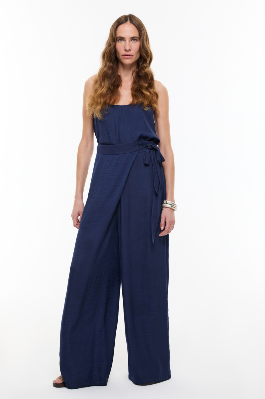 Kruvaze Görünümlü Bağlama Detaylı Geniş Paça Pantolon Lacivert - 3