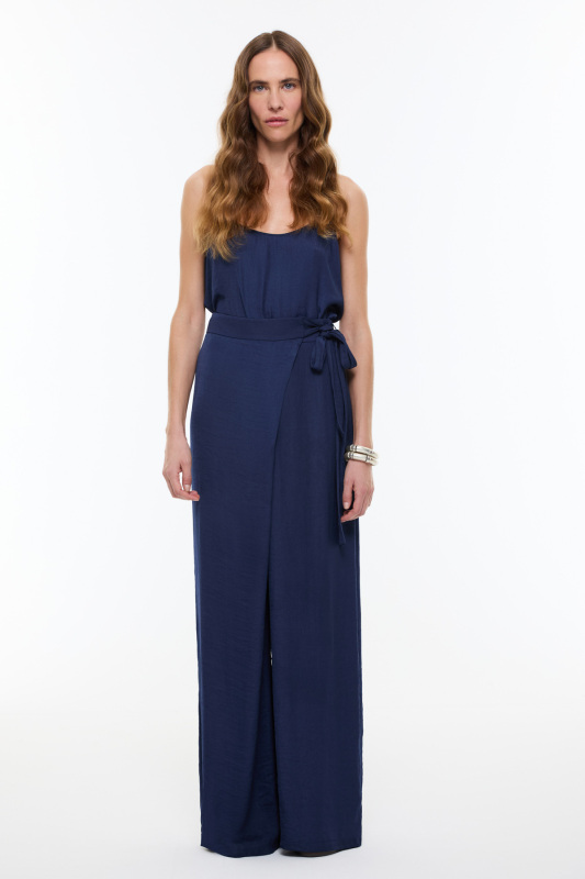 Kruvaze Görünümlü Bağlama Detaylı Geniş Paça Pantolon Lacivert - Roman