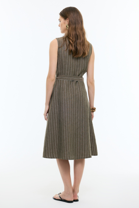 Kruvaze Görünümlü Beli Kemerli Midi Boy Keten Elbise Haki - Roman (1)