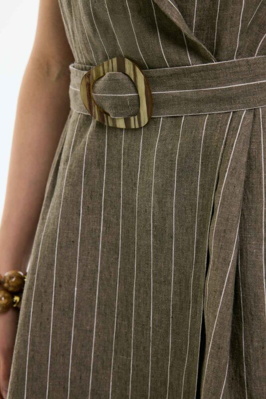 Kruvaze Görünümlü Beli Kemerli Midi Boy Keten Elbise Haki - 3