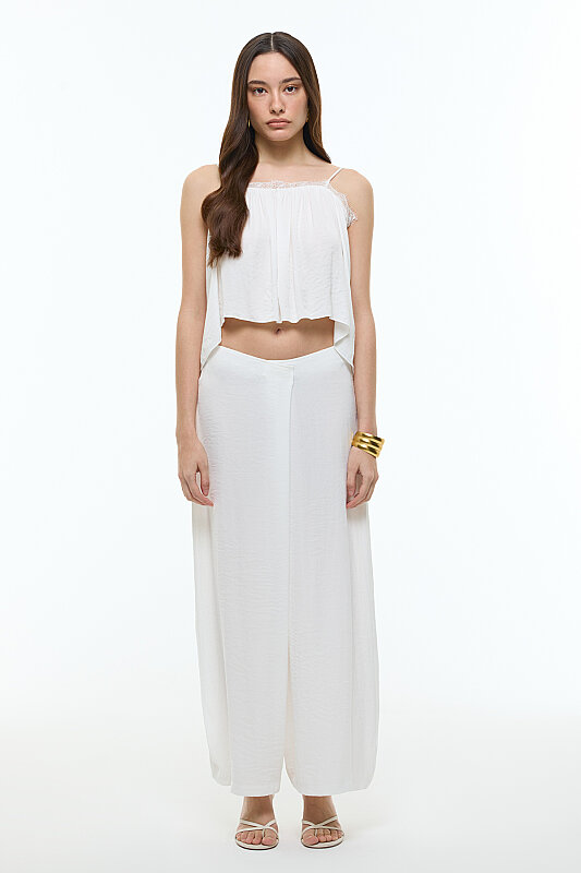 Kruvaze Görünümlü Saten Şalvar Pantolon Beyaz 