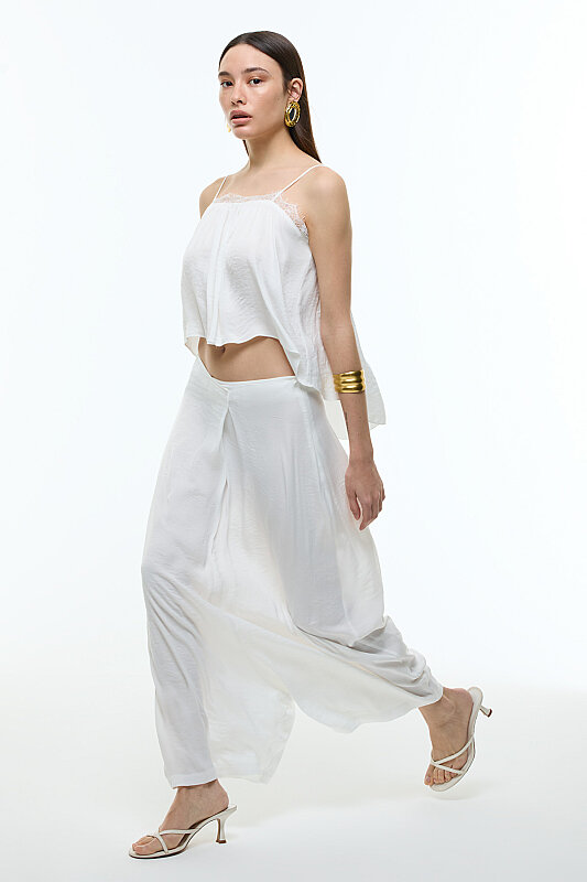 Kruvaze Görünümlü Saten Şalvar Pantolon Beyaz - 2