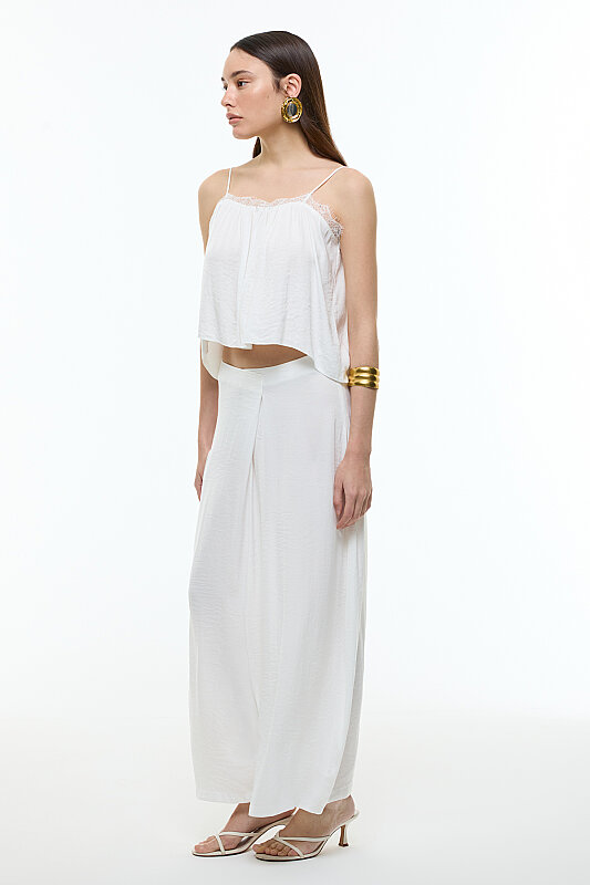 Kruvaze Görünümlü Saten Şalvar Pantolon Beyaz - 3