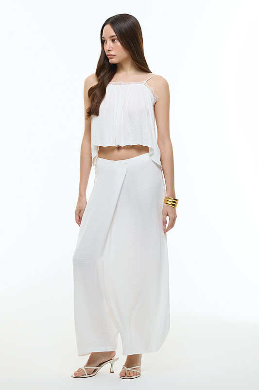 Kruvaze Görünümlü Saten Şalvar Pantolon Beyaz - 4