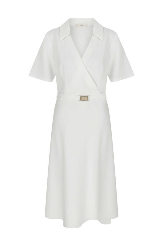 Kruvaze Midi Boy Elbise Beyaz - 4