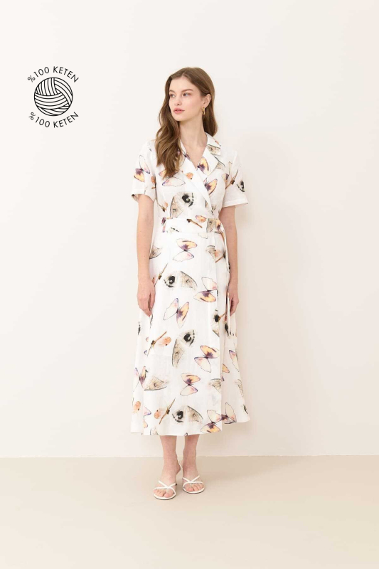 Kruvaze Midi Boy Keten Elbise Standart Renk - 1