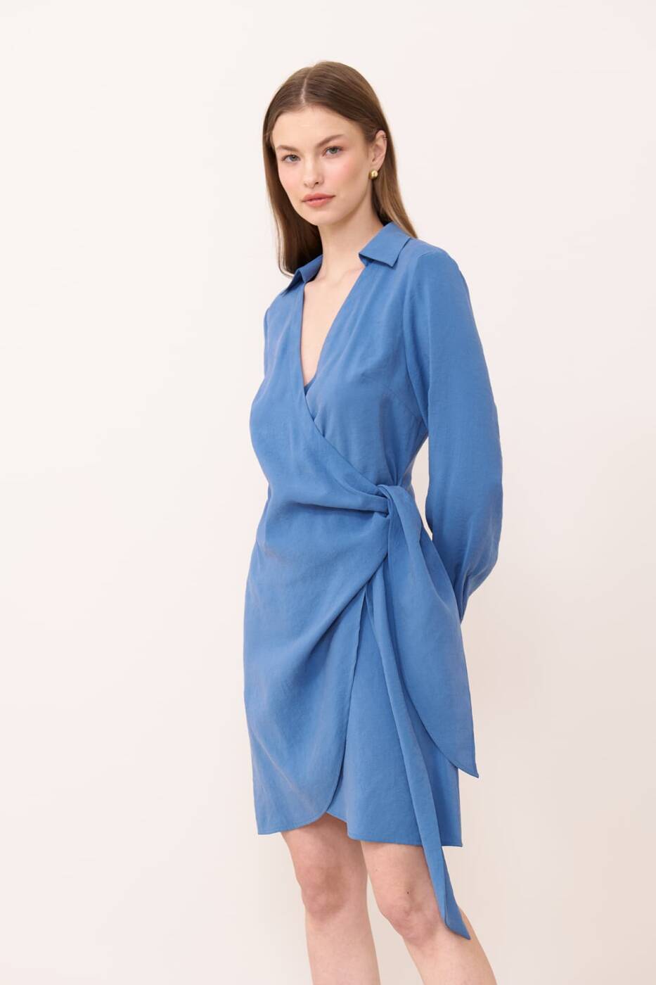 Kruvaze Yaka Beli Bağlama Detaylı Elbise Mavi - 1