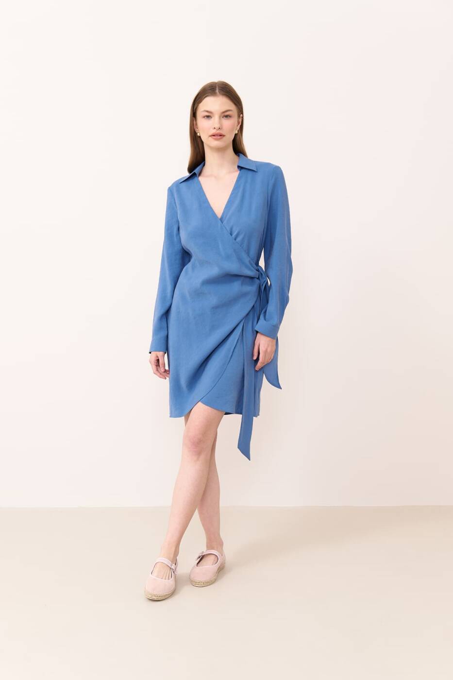 Kruvaze Yaka Beli Bağlama Detaylı Elbise Mavi - 3