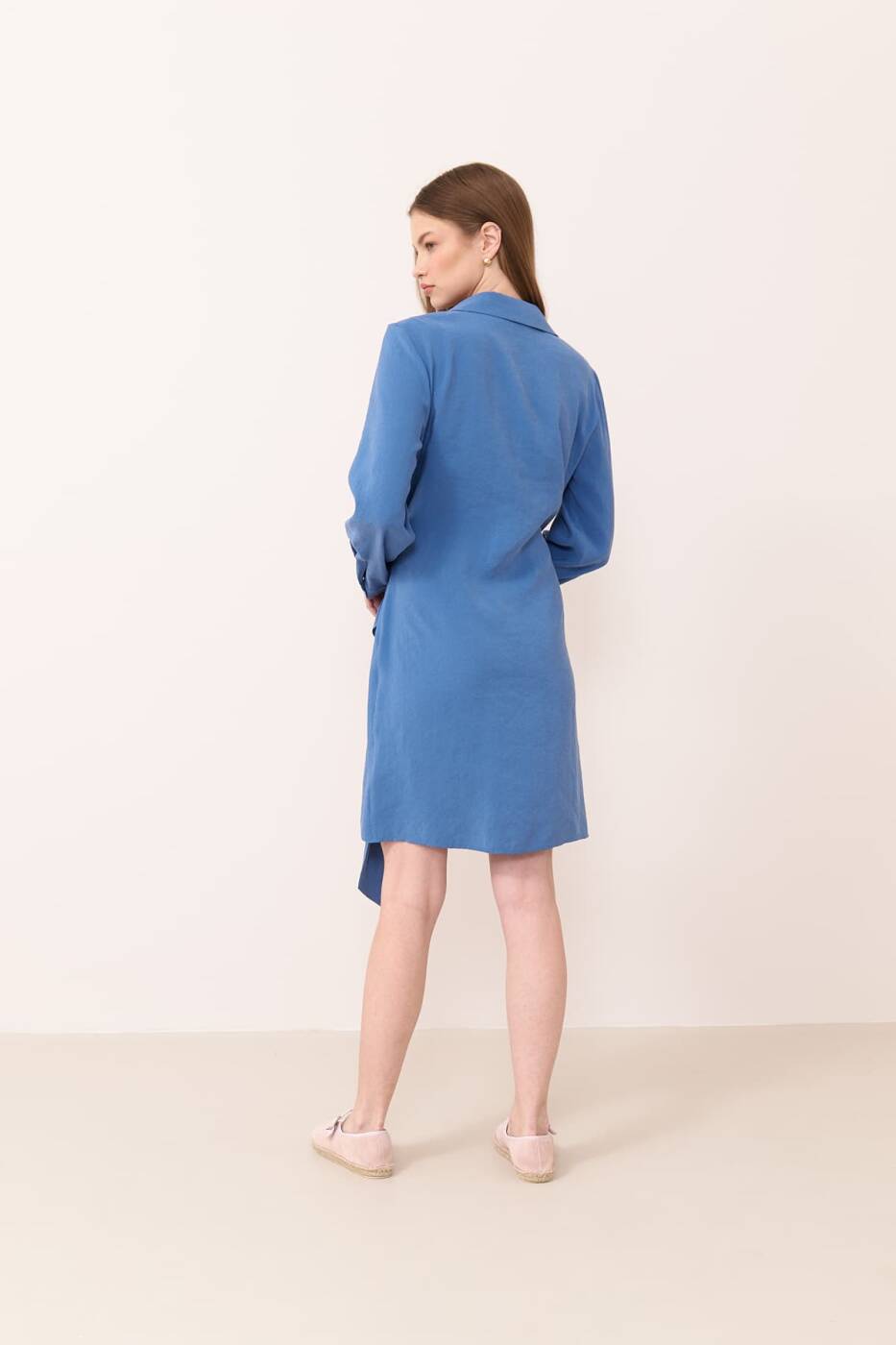 Kruvaze Yaka Beli Bağlama Detaylı Elbise Mavi - 2