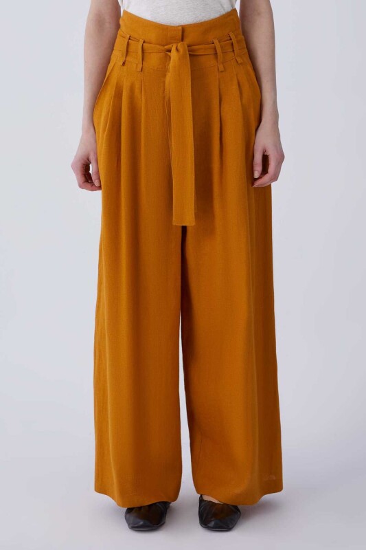 Kuşaklı Bol Paça Keten Kadın Pantolon Hardal - 1
