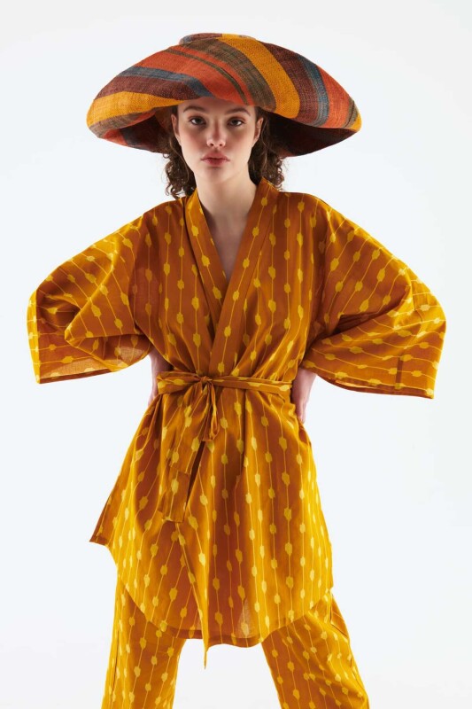 Kuşaklı Desenli Kimono Standart Renk 