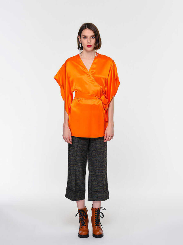 %100 İpek Kuşaklı Bluz Oranj 