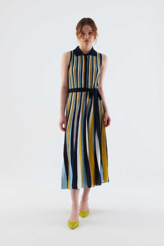 Kuşaklı Kolsuz Desenli Triko Elbise Standart Renk - 1