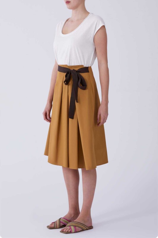 Kuşaklı Koyu Midi Etek Olive - 3