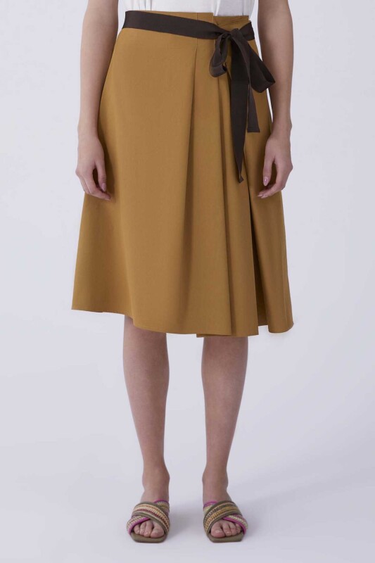 Kuşaklı Koyu Midi Etek Olive - 1