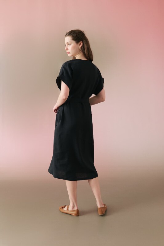 Kuşaklı V Yaka Keten Gömlek Elbise Siyah - 2