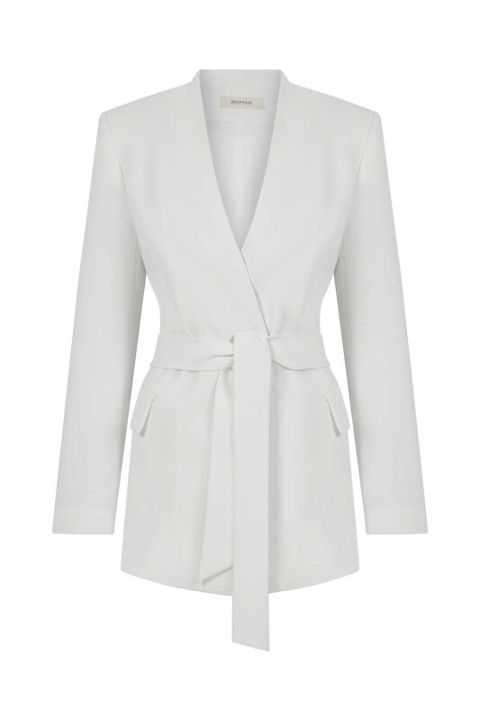 Kuşaklı Yakasız Kadın Ceket Beyaz - 4