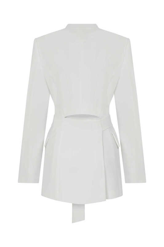 Kuşaklı Yakasız Kadın Ceket Beyaz - 5