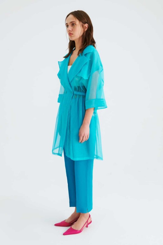 Lastikli Transparan Kadın Pardesü Turkuaz - 3