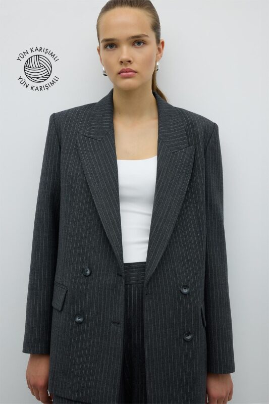 Lurex Çizgili Yün Karışımlı Kruvaze Ceket Gri - 1