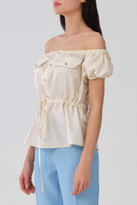 Madonna Yaka Beli Büzgülü Taş Bluz Kemik - 3