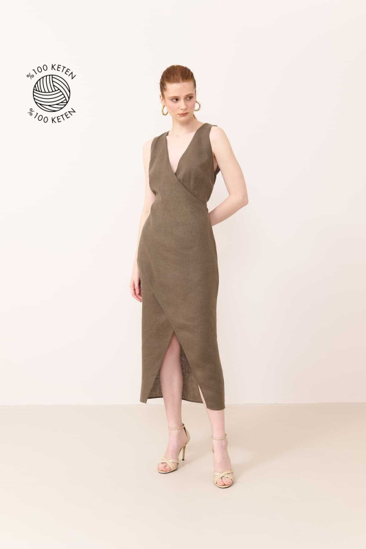 Midi Keten Elbise Haki - 1