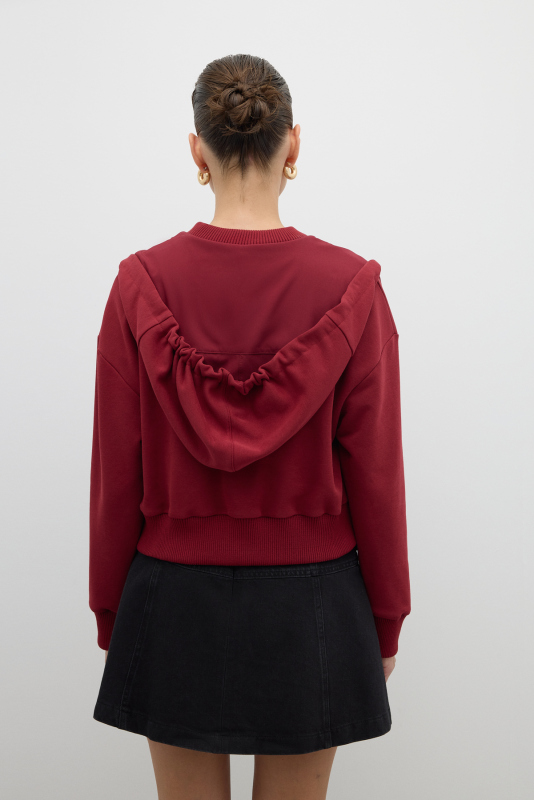 Nakış Detaylı Kapüşonlu Sweatshirt Bordo - 2