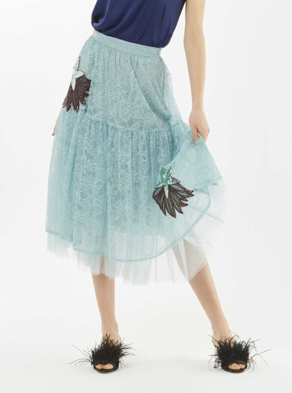 Nakışlı Tül Detaylı Etek Açık Mavi - 1