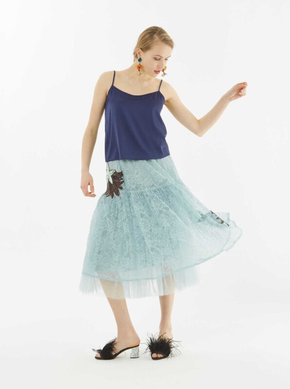 Nakışlı Tül Detaylı Etek Açık Mavi - 2