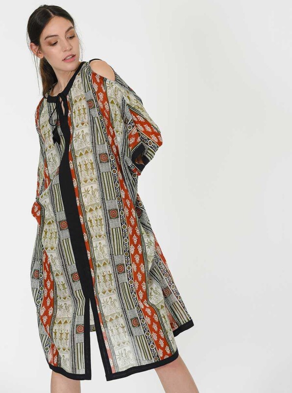 Omuz Detaylı Etnik Desen Uzun Elbise Standart Renk - 3