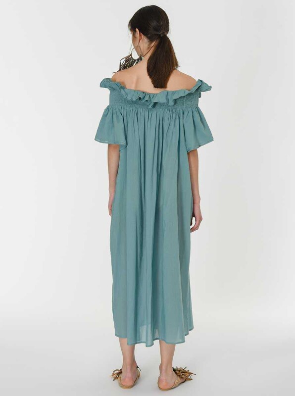 Omuzu Açık Volanlı Uzun Elbise Standart Renk - 2