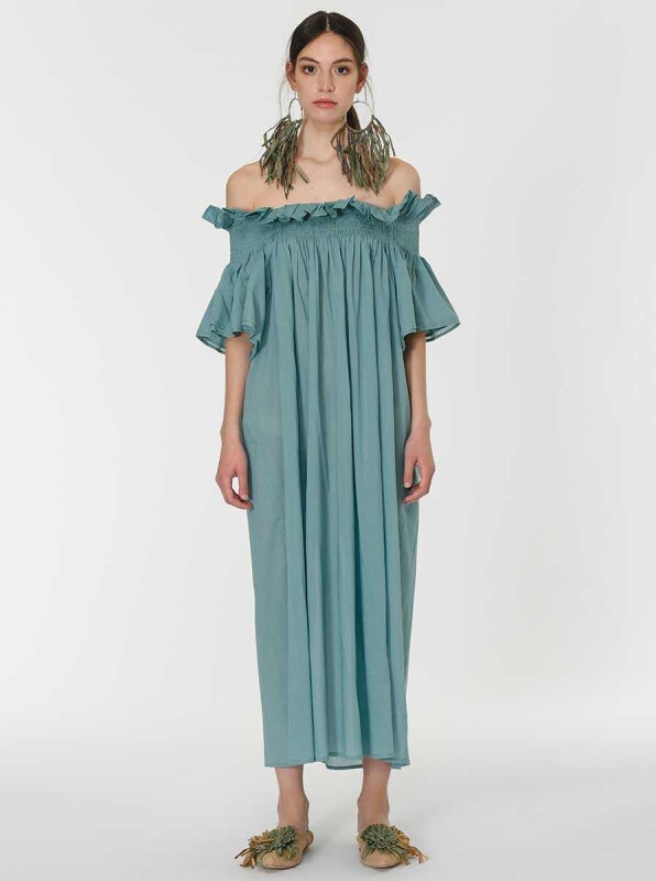 Omuzu Açık Volanlı Uzun Elbise Standart Renk - 1