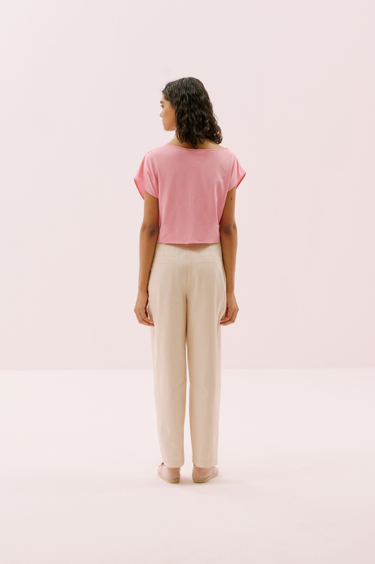Omuzu Pili Detaylı Belden Bağlamalı T-Shirt Pembe - 3